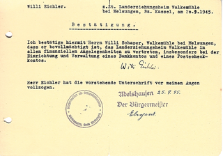 Am 20.9.1945 formuliert Willi Eichler eine Bestätigung der Bevollmächtigung für Willi Schaper.