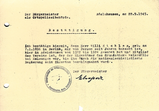 Willi Eichler lässt sich am 22 9. 1945 seine Funktion als „Mitglied des Vereins, der der Eigentümer des Grundstücks der Walkemühle bei Melsungen war“ durch den Bürgermeister Eberhard von Adelshausen bestätigen